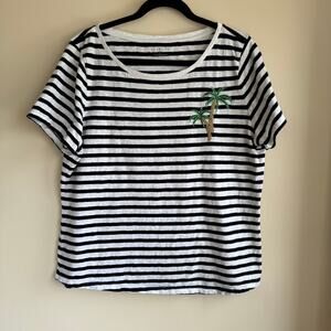 Talbots Beaded Palm Stripe Tee Shirt Top Blue White Pullover Short Sleeve Sz XL